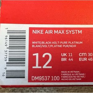 Men’s Nike Air MAX System size 12 model DM9537 100. white /black -volt platinum